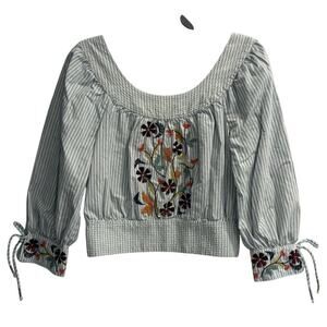 By Anthropologie Size Small Embroidered 3/4 Sleeve Blue Striped Top TINY FLAW